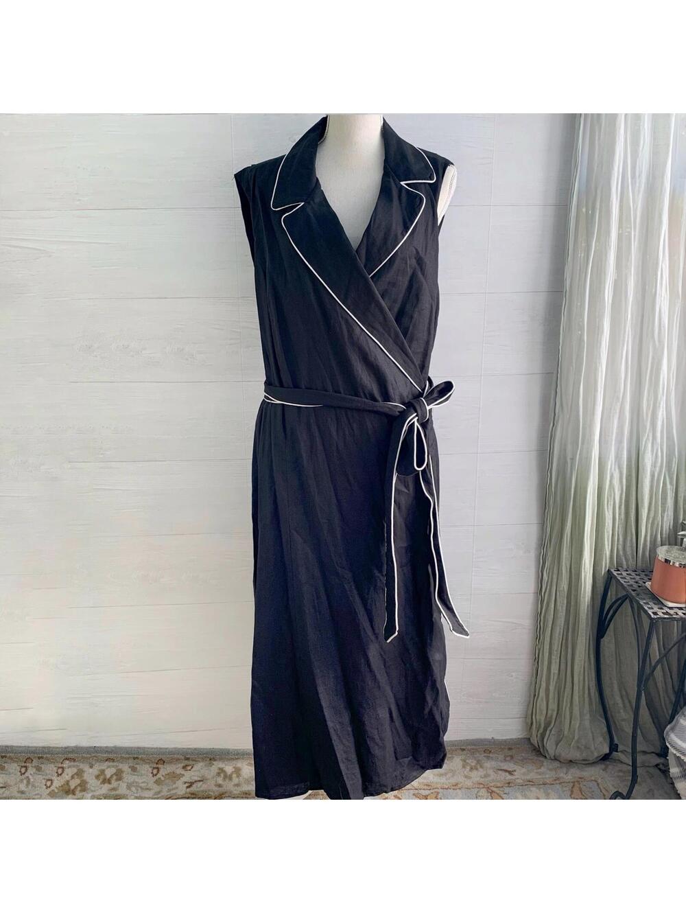 NWT Charter Club Black Linen Wrap Midi Dress 24W Plus Size Belted Sleeveless